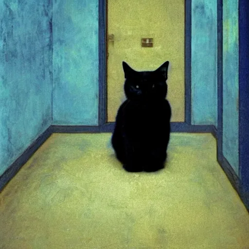 Prompt: a black cat in a blue and gold haunted liminal abandoned room, film still by gottfried helnwein, by klimt, art noveau, highly detailed, strong lights, liminal, eerie, bright pastel colors,