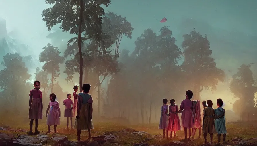 Image similar to kerala school boys wearing girls dresses posing for a photo, an epic fantasy, dramatic lighting, cinematic, establishing shot, extremely high detail, photorealistic, cinematic lighting, artstation, matte painting by simon stalenhag, horizon forbidden west