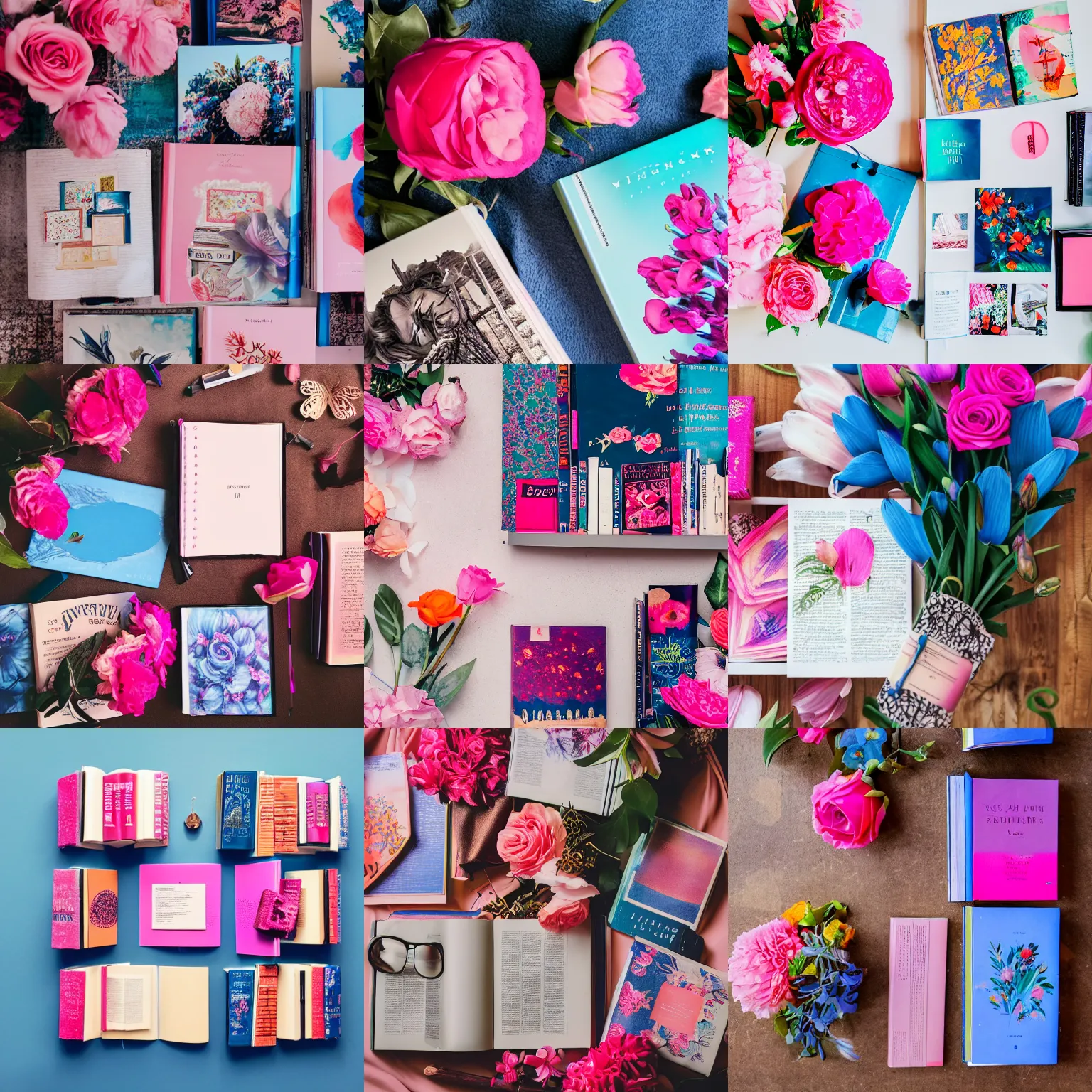 Prompt: flatlay book collection, vivid colors, dramatic lighting, pink and blue flowers