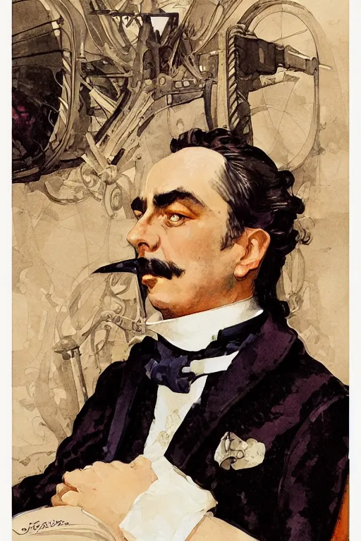 Prompt: zoomed out portrait of a duke, victorian era, art deco style, stylized illustration by jean - baptiste monge, watercolor gouache detailed paintings in style of syd mead, daumier, caricature, diesel punk, artstation