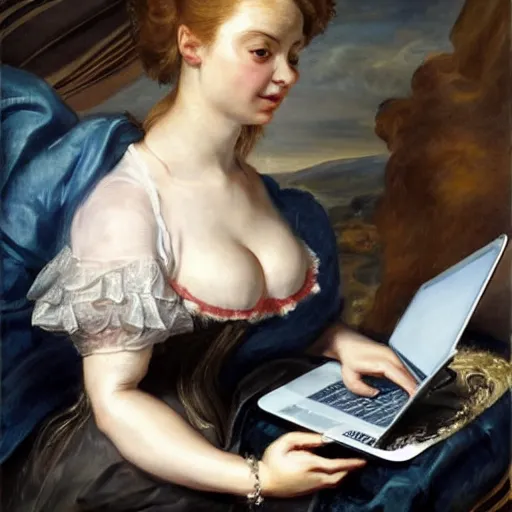 Image similar to heavenly summer sharp land sphere scallop well dressed lady working on her laptop auslese, by peter paul rubens and eugene delacroix and karol bak, hyperrealism, digital illustration, fauvist, looking at her imac laptop