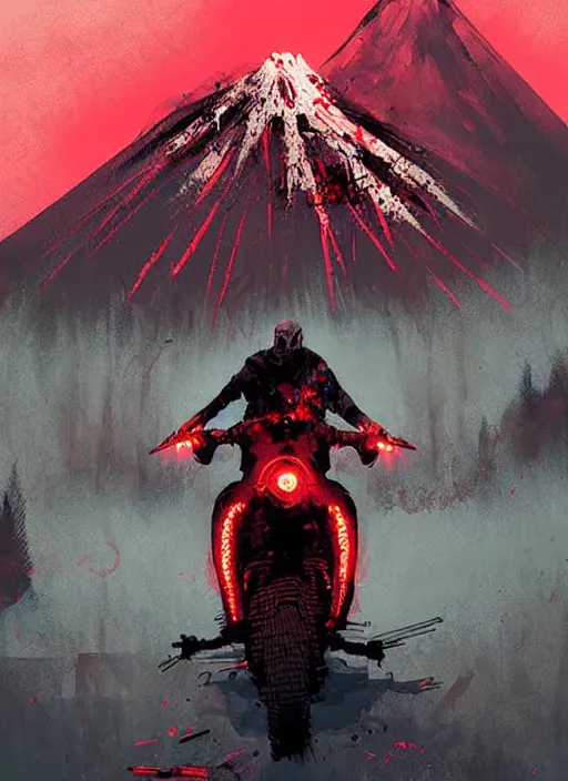 Image similar to horror art, motorbiker from hell, red volcano peaks in the background, art by ismail inceoglu