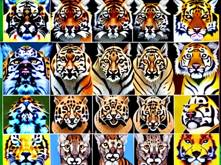 Image similar to multiple, side by side, portrait of different felidae, tiger, lynx, serval, cougar, ocelot, caracal, puma, leopard, panther, jaguar, highly detailed, digital art