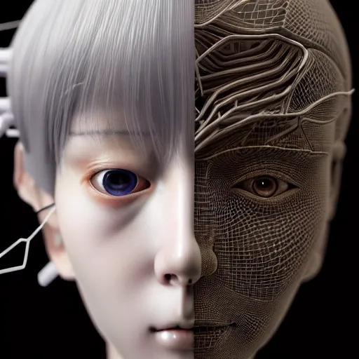 Image similar to prompt : hyperrealist photorealistic 3 d render of persona soft light portrait by takato yamamoto, robot accessories parts and broken cables, 3 5 mm, otaku gangasta, inspired by fables, realistic face, smooth face feature, intricate oil painting, high detail, sharp high detail, manga and anime 2 0 0 0