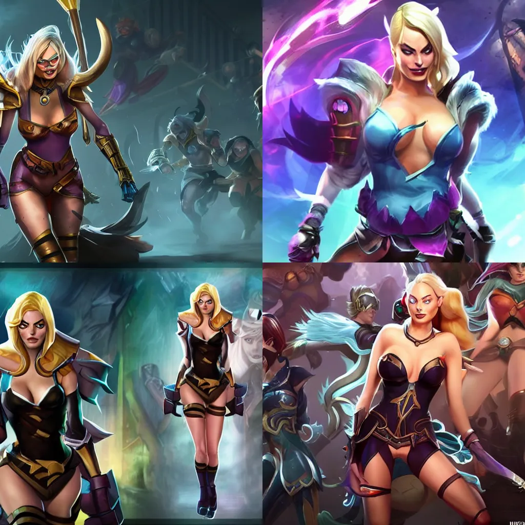 Prompt: Margot Robbie as a league of legends character full body league of legends splash art