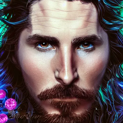 Prompt: christian bale portrait, fantasy, mermaid, hyperrealistic, game character, underwater, highly detailed, sharp focus, cinematic lighting, pearls, glowing hair, shells, gills, crown, water, highlights, starfish, jewelry, realistic, digital art, pastel, magic, fiction, ocean, king, colorful hair, sparkly eyes, fish, heroic, god, waves, bubbles, king