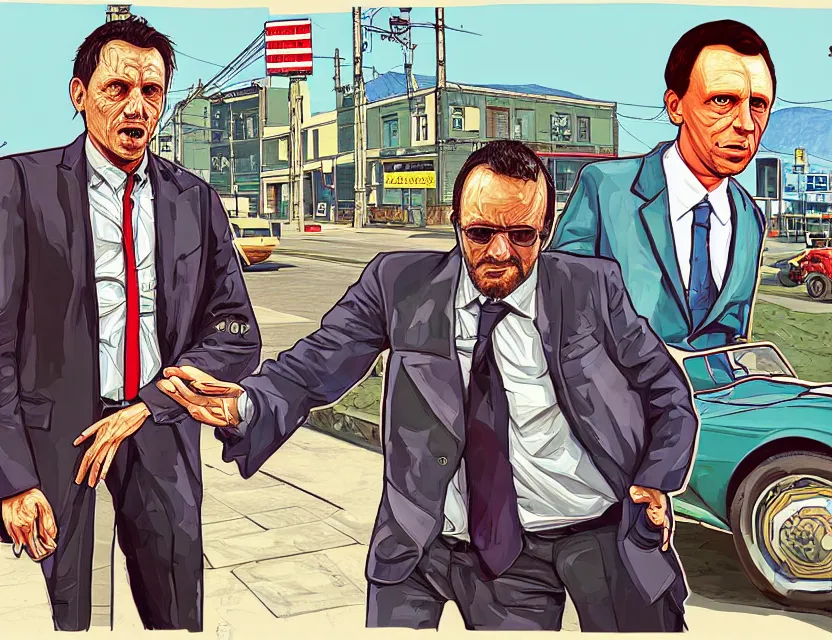 Image similar to illustration of mencius moldbug and peter thiel in dimes square in the style of gta v artwork, stephen bliss, highly detailed