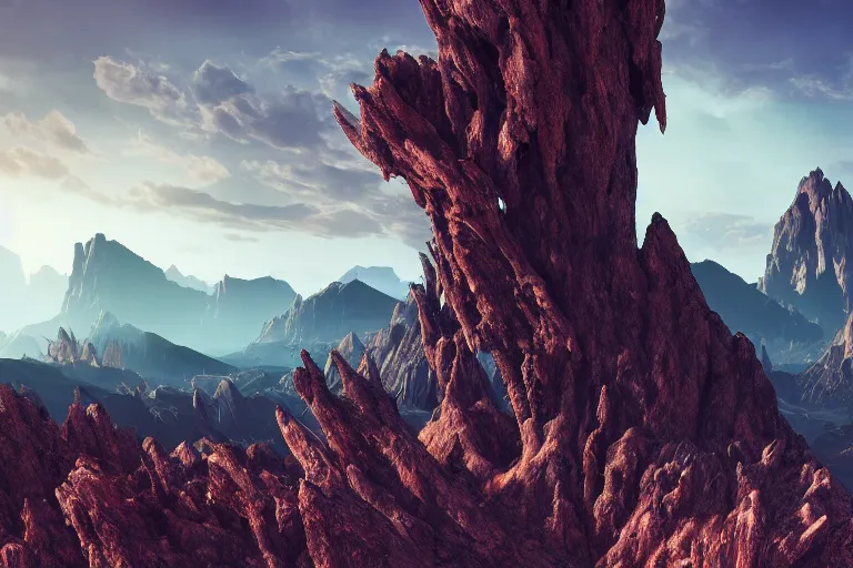 Image similar to an alien landscape featuring towering mountains, strange plants, and an otherworldly sky, 4 k photorealism