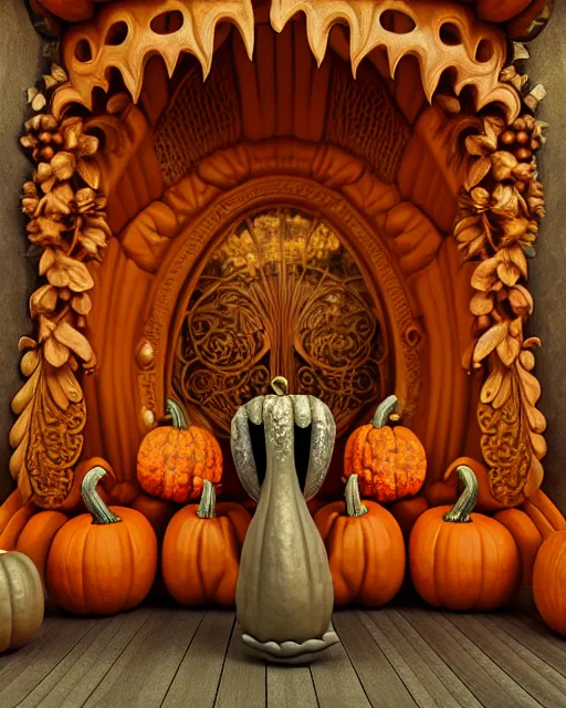 Image similar to detailed render giant pumpkin house art nouveau rococo architecture carved out of teeth, pumpkin smiling showing teeth rendered in cinema 4 d octane