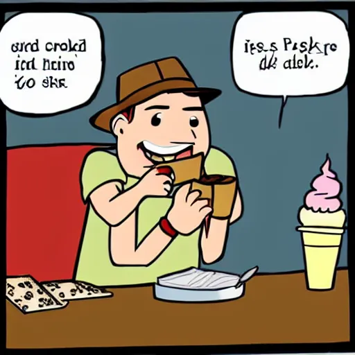 Prompt: indiana jones eating an ice cream, reading a book, cartoon style