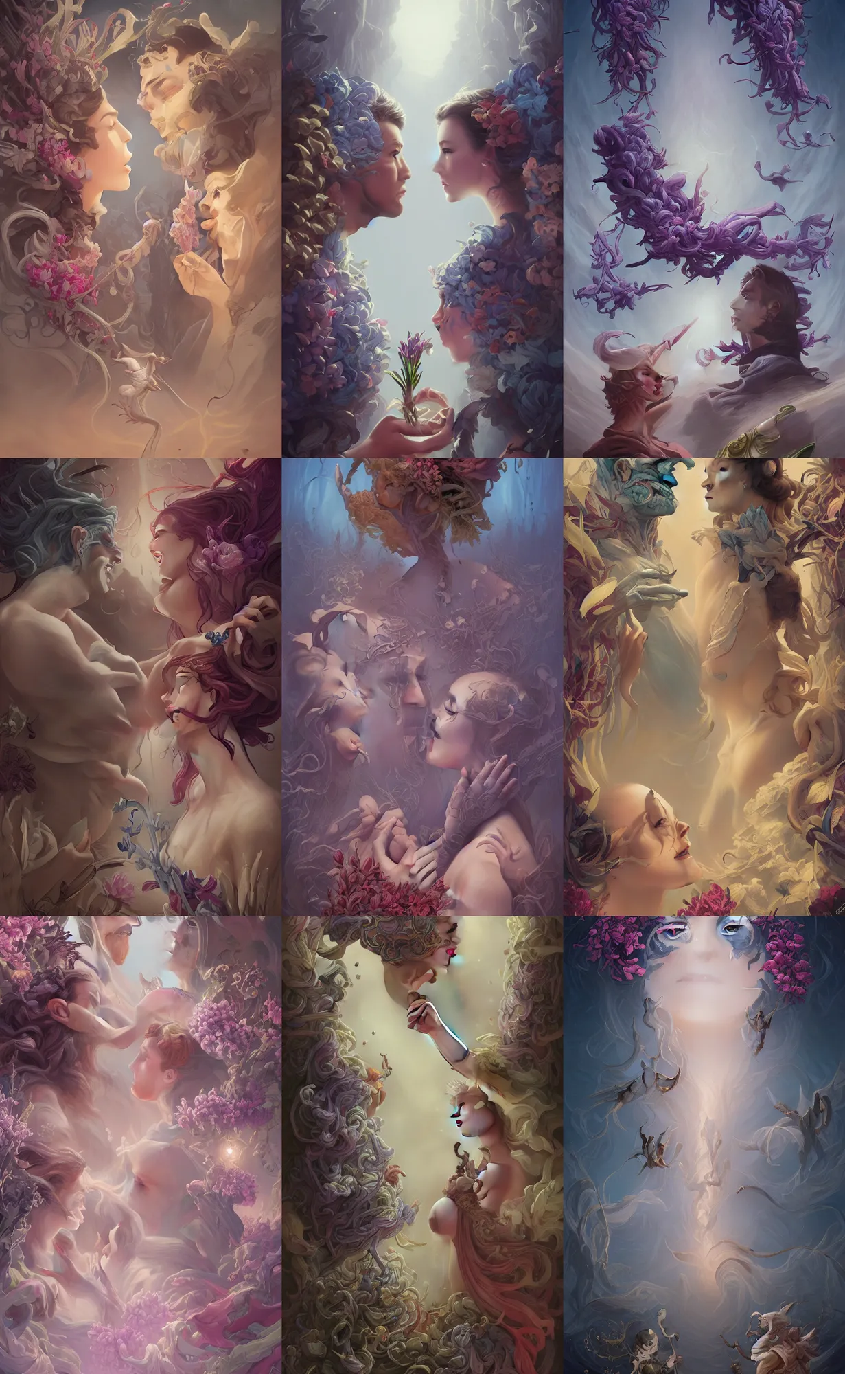 Prompt: bestselling movie poster, official media,a smooth cinematic beautiful closeup moment of traditional lovers saying goodbye with hyacinths, pete mohrbacher and artgerm and wlop, digital art, highly detailed, intricate, fantasy, mystical, sharp focus, Trending on Artstation HQ, deviantart, unreal engine 5, 4K UHD image,1990s fashion, official anime media