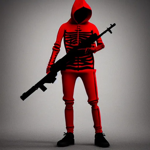 Image similar to a skeleton in a red hoodie with a rifle ultrarealism