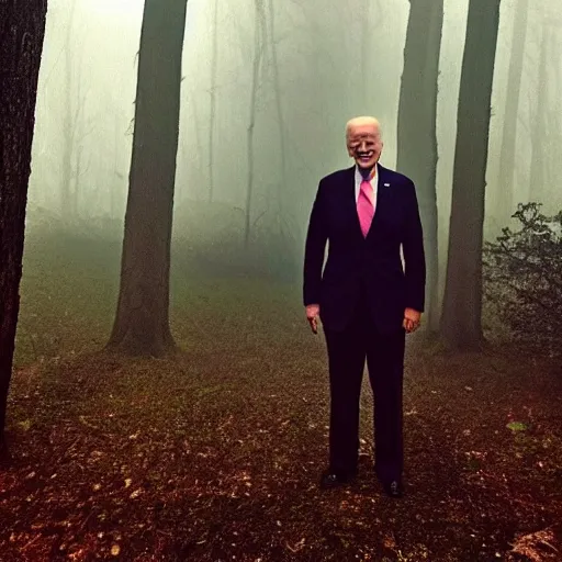 Image similar to joe biden with 4 arms standing ominously far in the foggy woods with a demonic wide smile in his face, iphone photo, creepy