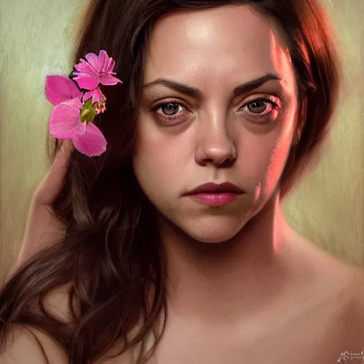 Image similar to pink petals with a ahape of a wonderful aubrey plaza and christina ricci and mila kunis, intricate, elegant, highly detailed, wonderful eyes, sweet, digital painting, artstation, concept art, smooth, sharp focus, illustration, art by artgerm and greg rutkowski and alphonse mucha and william - adolphe bouguereau