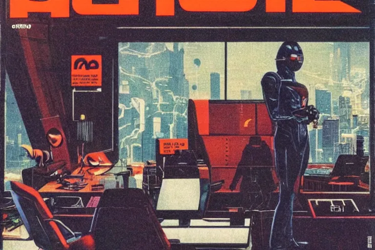 Image similar to 1979 OMNI Magazine Cover of a lizard man at a desk with a large circular window to neo-Tokyo streets behind him. in cyberpunk style by Vincent Di Fate