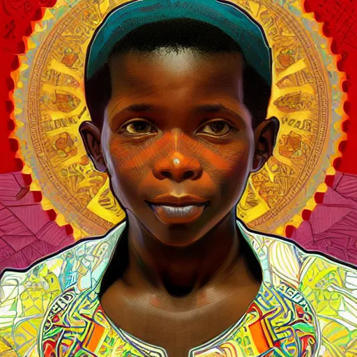 Image similar to colourful upper half caricature portrait of an african boy in magazine collage style, art by drew struzan & alphonse mucha, highly detailed, digital painting, ray tracing, concept art, illustration, smooth sharp focus, intricate, symmetry, artstation,