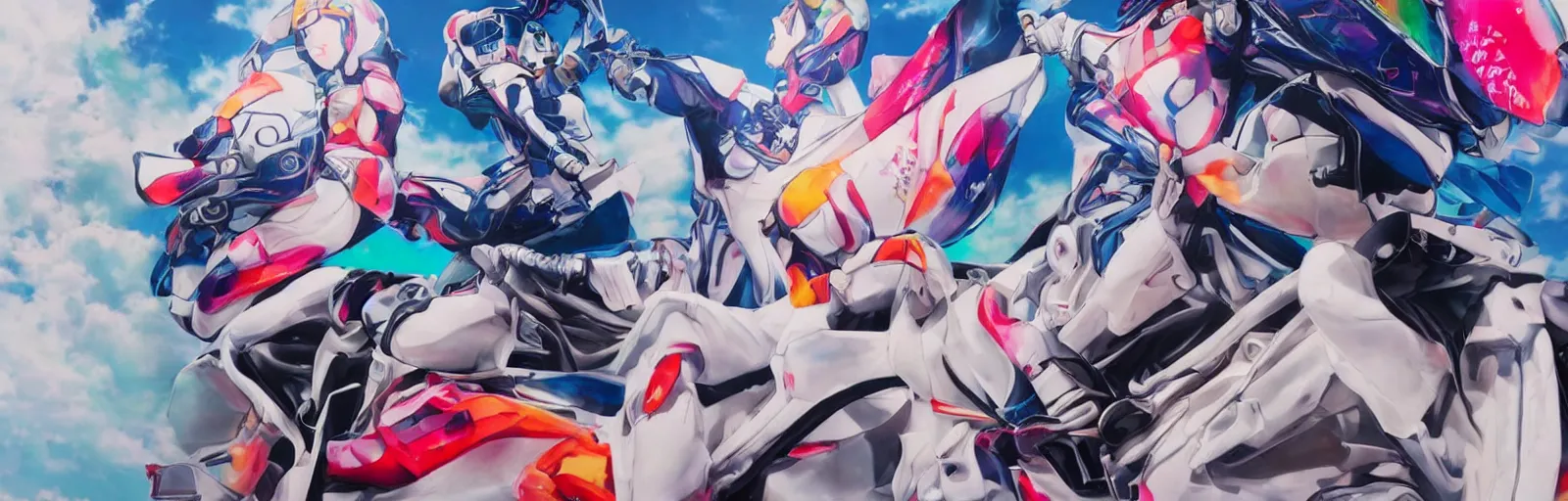 Image similar to billboard advertisement with an extremely beautiful photo of a white marble statue of an anime girl with colorful motocross logos and motorcycle helmet with closed visor, colorful smoke in the background, carved marble statue, fine art, neon genesis evangelion, virgil abloh, offwhite, denoise, highly detailed, 8 k, hyperreal