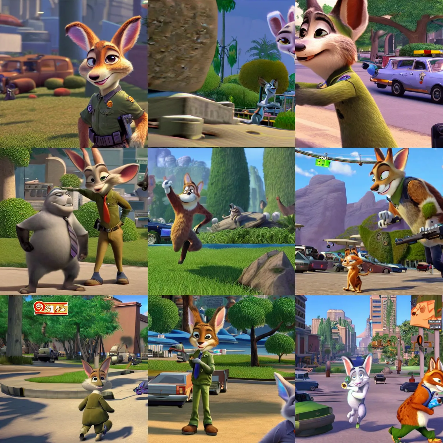 Prompt: Zootopia as a first person shooter for the Playstation 2, retro 3D gameplay screenshot, ESRB Mature