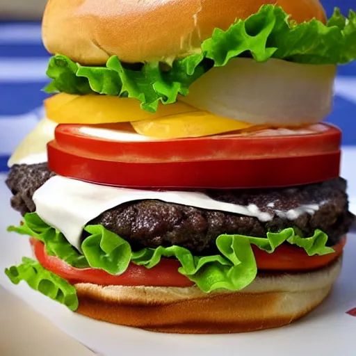 Prompt: american flag burger, a burger with lettuce, patty, ketchup, american flag, pickle, mayonnaise