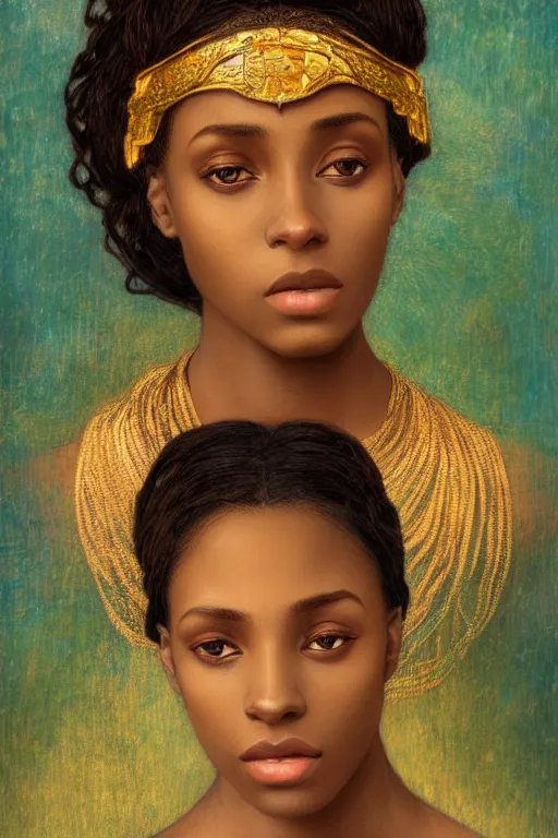 Image similar to Portrait of a Beautiful African female, sad green eyes, beautiful skin, elegant, jewellery, digital painting, Pre-Raphaelites, highly detailed, concept art, cinematic lighting, smooth, sharp focus, gold and indigo, illustration, art by Klimt and Alphonse Mucha.