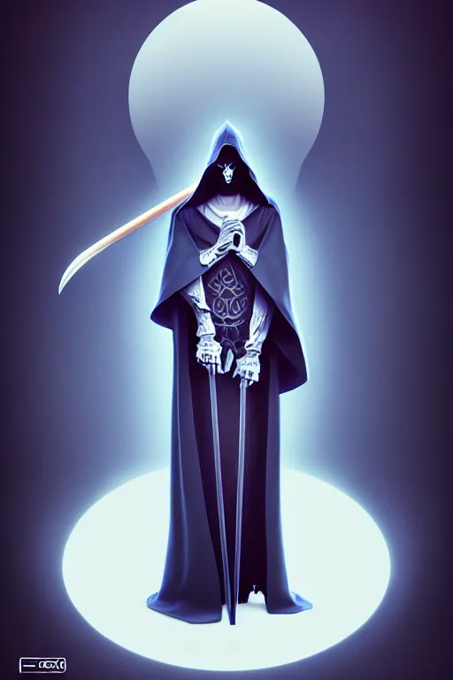 Prompt: video game cover, disney grim reaper dressed with a cape, intricate baroque style. by hsiao - ron cheng, by goro fujita, by octavio ocampo, masterpiece. intricate artwork, very coherent symmetrical artwork, cinematic, octane render, smooth gradients, high contrast. full body character, clean ink detailed line drawing