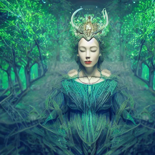 Image similar to tapping in to something greater, piles of modular synth cables, goddess portrait wearing a big headpiece in a mystical glowing forest in the style of wlop, stanley kubrick, masamune, unique perspective, eastman color, perfect details, trending on artstation, 3 d render, smooth render, green and blue palette, wlop