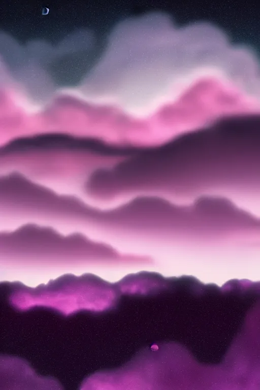 Image similar to matte painting layered night sky. Stars and a swirly starry night moon. pink and purple ombre puffy cotton candy clouds. Dark hills forest silhouette below. Cyril Roland