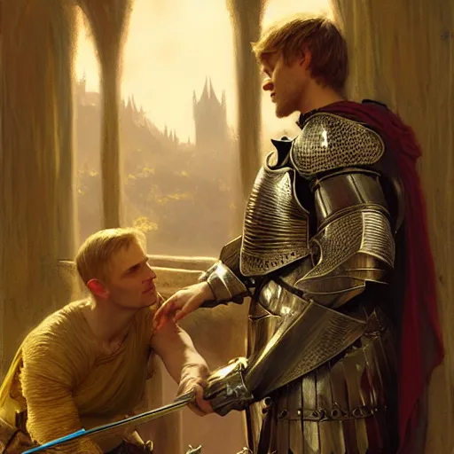 Prompt: attractive arthur pendragon and his favourite attractive male knight, they are in love, camelot, natural lighting, path traced, highly detailed, high quality, digital painting, by gaston bussiere, craig mullins, j. c. leyendecker