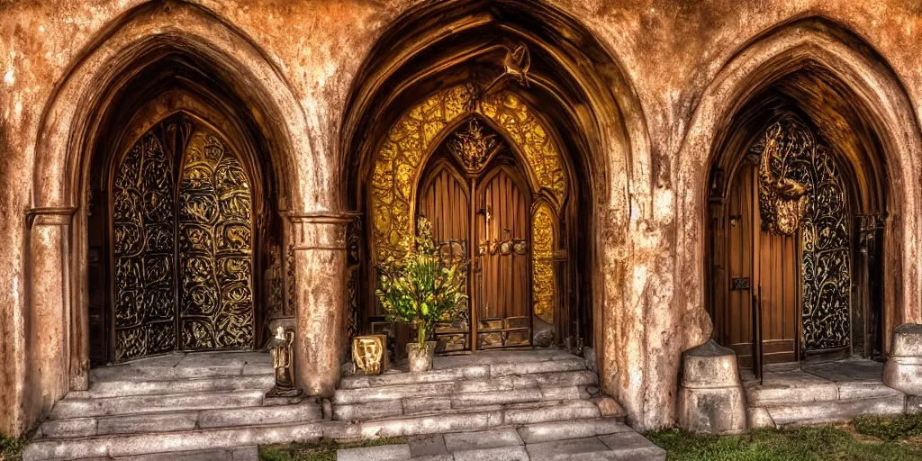 Prompt: magical entrance to monastery, metal, ornaments, castle, church, horror