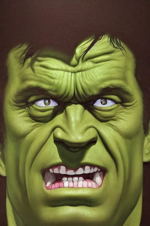 Image similar to ultra realistic incredible hulk face portrait in the style of grant wood