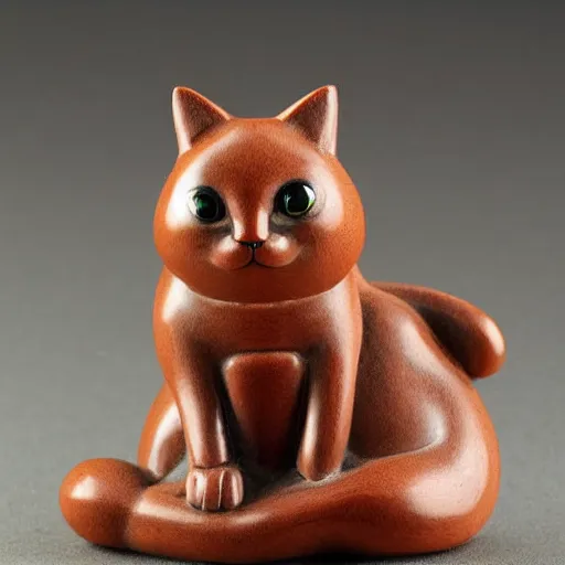 Prompt: demure anthropomorphic cat figurine wearing a kimono, brown resin, highly detailed, intricate, monotone, shy looking down