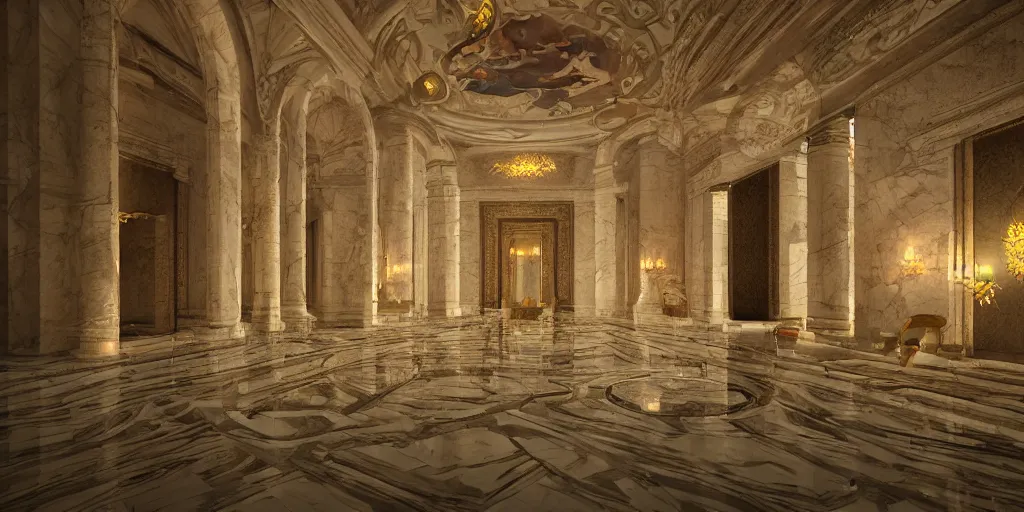 Image similar to the grand magical entrance, marble floors, art by kotaro chiba, volumetric lighting, epic composition