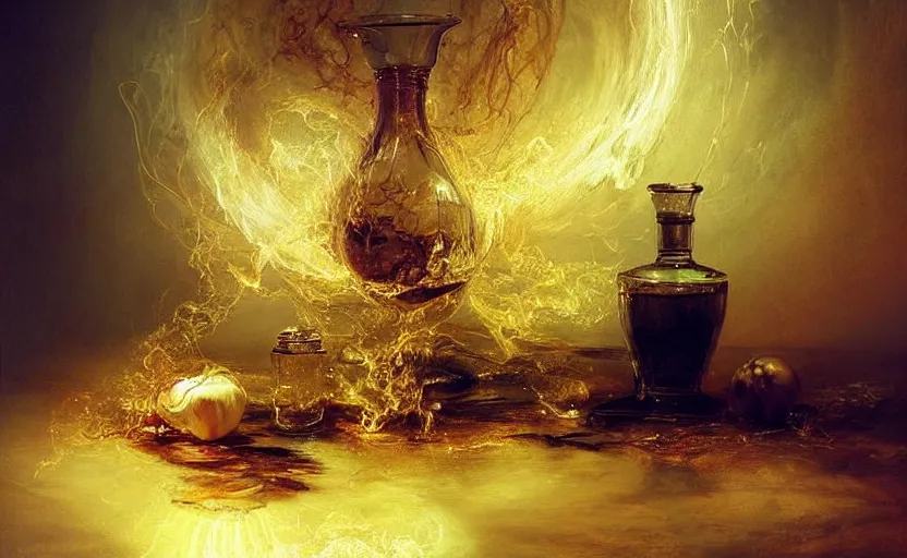 Image similar to alchemy still life amazing composition. by artstation trending, by joseph mallord william turner, luis royo, konstantin razumov, cinematic lighting, fractal flame, highly detailed