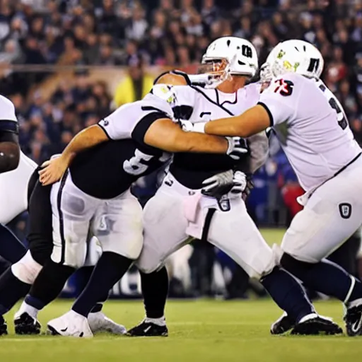 Prompt: a photo of a decapitated quarterback in the background with an upset offensive tackle in the foreground, sports photography