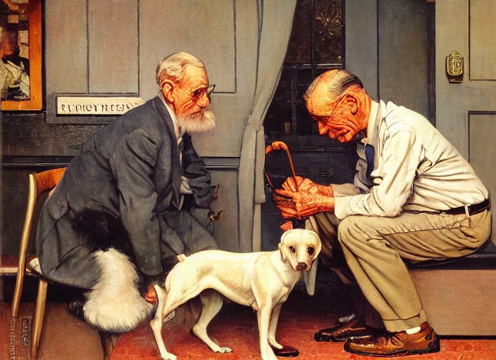 Prompt: high quality high detail painting by norman rockwell, hd, old man with is dog, muted pastel colors, photorealistic lighting