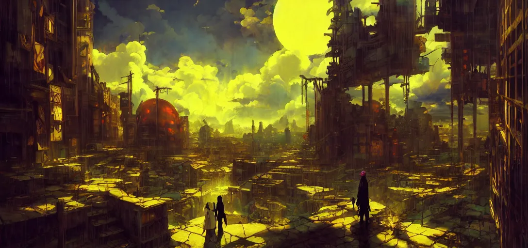 Image similar to baroque oil painting of anime key visual environment of a hell in a cyberpunk world, brutalist, dark fantasy, sunset, rule of thirds, digital cel shading, fake hidden detail, trending on pixiv fanbox, style of makoto shinkai studio ghibli jamie wyeth james gilleard greg rutkowski