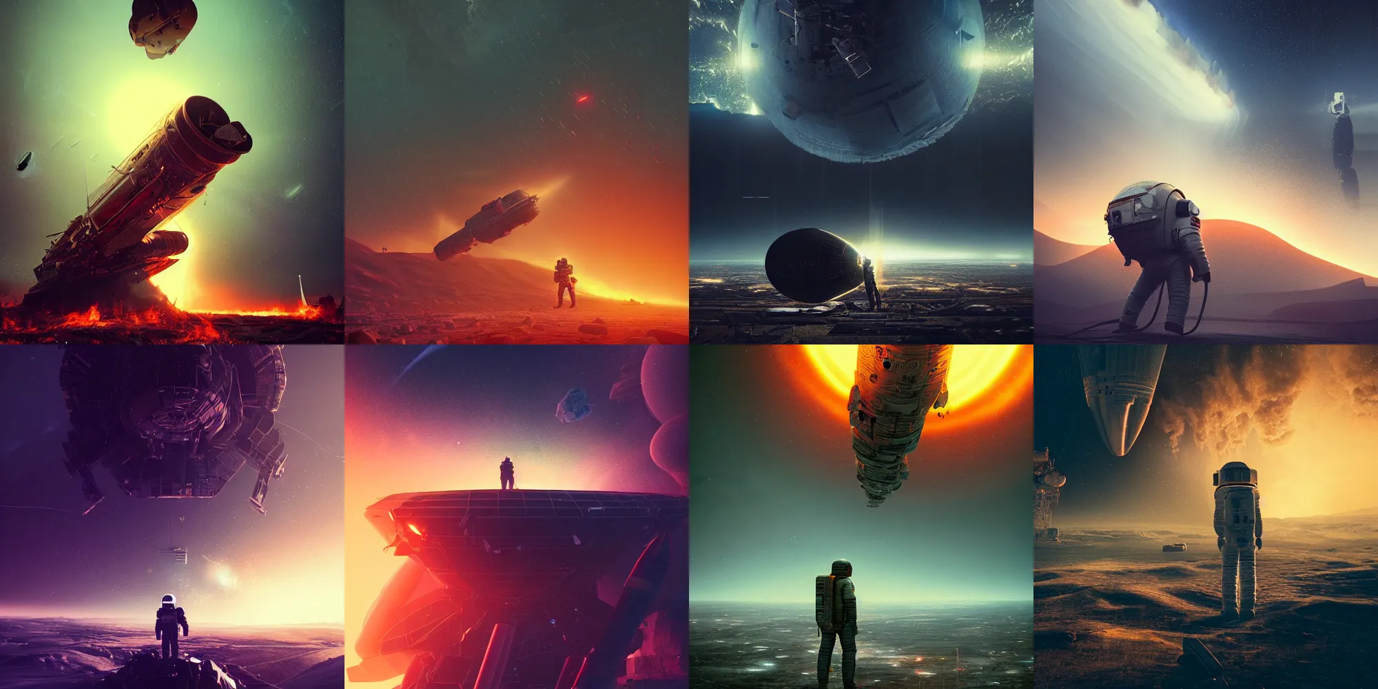 Prompt: beautiful dark landscape, astronaut standing looking, wrecked spacecraft destroyed on fire, award winning artstation, beeple and Mike Winkelmann, intricate, epic lighting, cinematic composition, hyper realistic, 8k resolution,