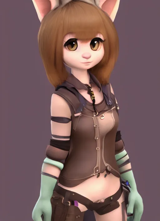 Image similar to female furry mini cute style, character adoptable, highly detailed, rendered, ray - tracing, cgi animated, 3 d demo reel avatar, style of maple story and zootopia, maple story cthulhu girl, dark cthulhu, dark skin, cool clothes, soft shade, soft lighting