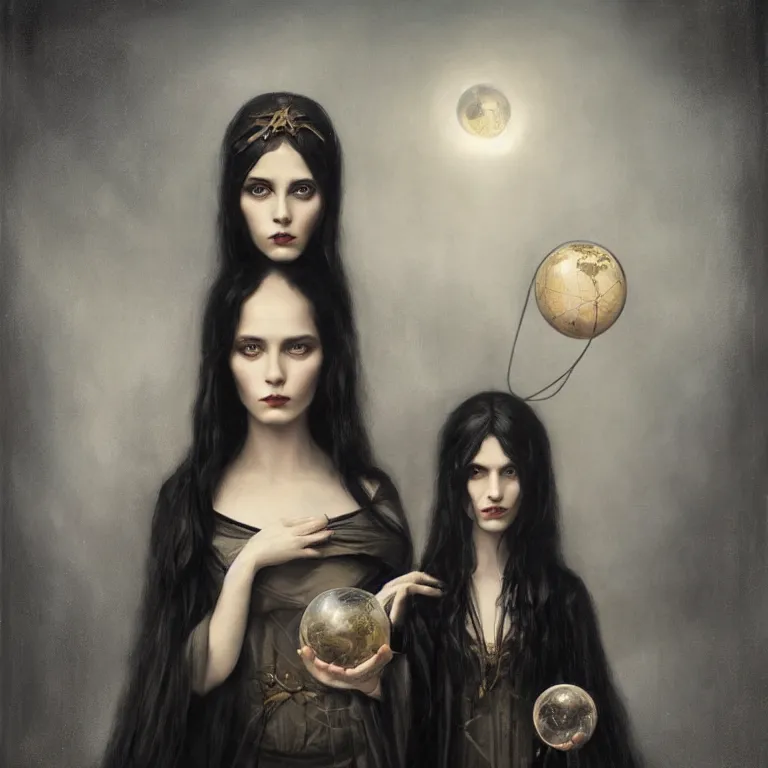 Image similar to a woman in black with long hair holding a small globe by tom bagshaw