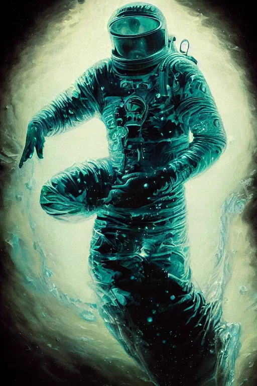 Prompt: close up shot of a full body floating astronaut portrait water elemental fading into water, high contrast, james gurney, peter mohrbacher, mike mignola, black paper, mandelbulb fractal, trending on artstation, exquisite detail perfect, large brush strokes, bold colors, intricate ink illustration, black background