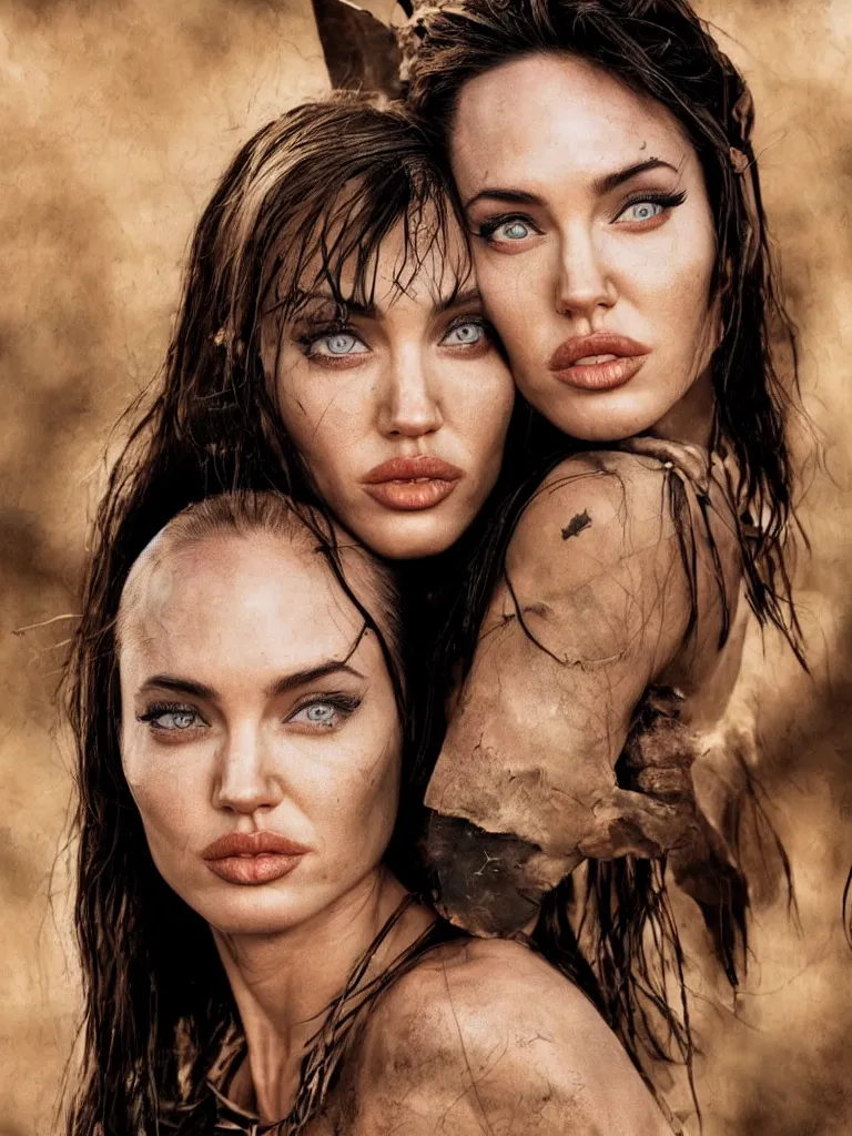 Image similar to photo, warrior, native beauty, nose of Angelina Jolie, lips of Megan Fox, big symmetrical eyes of Bjork, award winning photography by Leonardo Espina