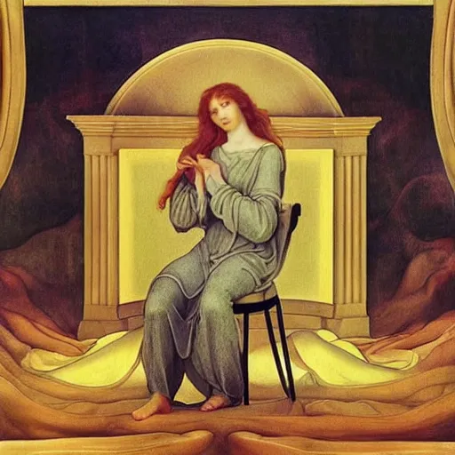 Image similar to beautiful by evelyn de morgan, by raphael, by david wiesner electric yellow. a land art of a metal chair with a seatbelt attached to it. the chair is placed in the center of a room & the seatbelt is used to strap a person into the chair. the person is then unable to move & at the mercy of the chair.