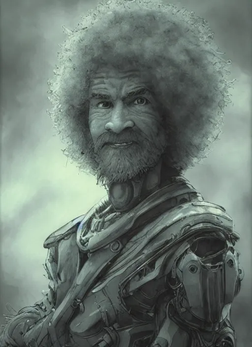 Image similar to portrait, Epic robot Bob Ross, watercolor, dramatic lighting, cinematic, establishing shot, extremly high detail, foto realistic, cinematic lighting, pen and ink, intricate line drawings, by Yoshitaka Amano, Ruan Jia, Kentaro Miura, Artgerm, post processed, concept art, artstation, matte painting, style by eddie mendoza, raphael lacoste, alex ross