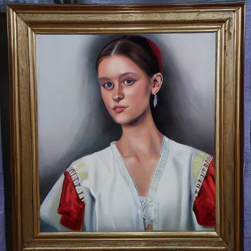 Prompt: hyperrealism oil painting, portrait of ukrainian model in traditional vyshyvanka shirt