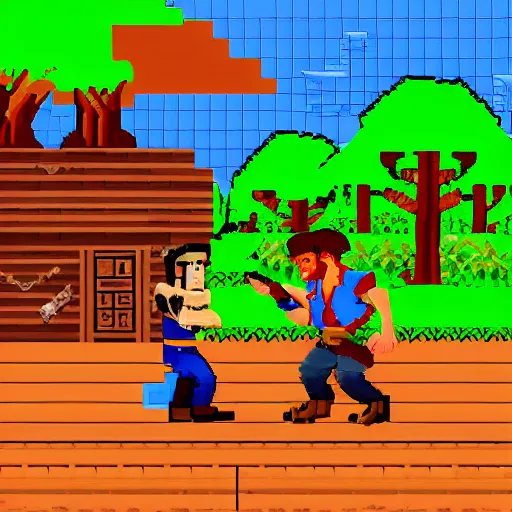 Image similar to monkey island, lucasarts, pixelart, guybrush swordfighting with jack sparrow