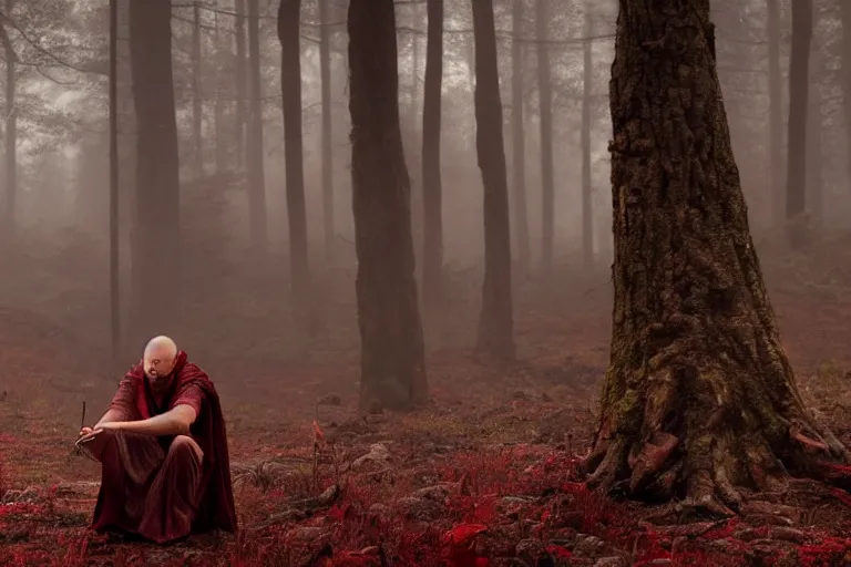 Prompt: still from a fantasy movie, a warlock on his knees crying, looking up, red eyes from crying, forest in the background, muted colors, 8 k, cinematic, very detailed face, hyperrealistic, movie still frame, promotional image, imax 7 0 mm footage