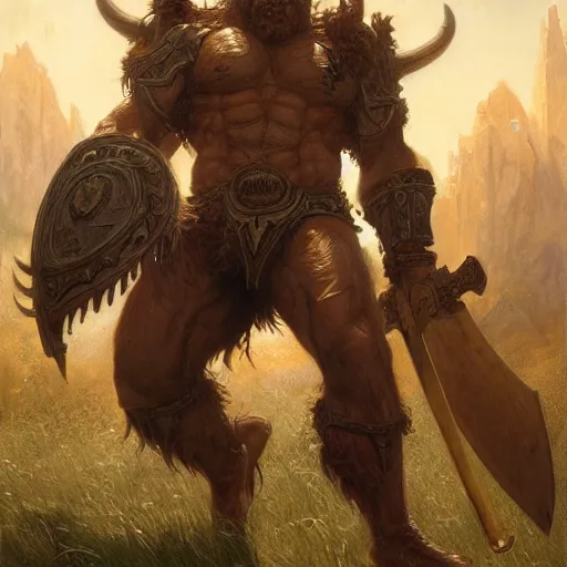 Image similar to huge smug minotaur wielding a greataxe, realistic art by donato giancola and greg rutkowski, digital art, trending on artstation