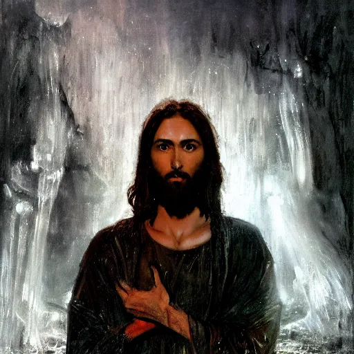 Image similar to painting of Jesus wading through a murky pool in a dark cave, surrounded by a vivid silver light, flowing royal robes with goly inlay, blood dripping from his hair, stern expression with a chiseled jaw and fiery eyes, by Jeremy Mann, stylized, detailed, realistic, loose brush strokes, intricate, cold