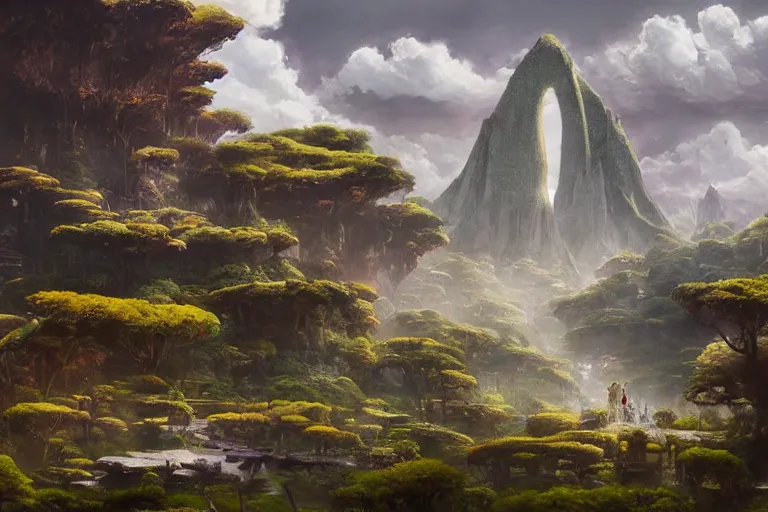 Image similar to Brutalist Shiro in Eden amazing concept painting, by Jessica Rossier , Gleaming White, fey magical lighting, overlooking a valley, Himeji Rivendell Garden of Eden, terraced orchards and ponds, lush fertile fecund, fruit trees, by Brian Froud by Beksinski