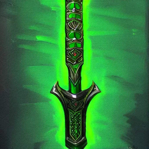 Image similar to Oil painting concept art of a magical acid sword glowing bright green, very intricate hilt, green color scheme, highly detailed concept art.